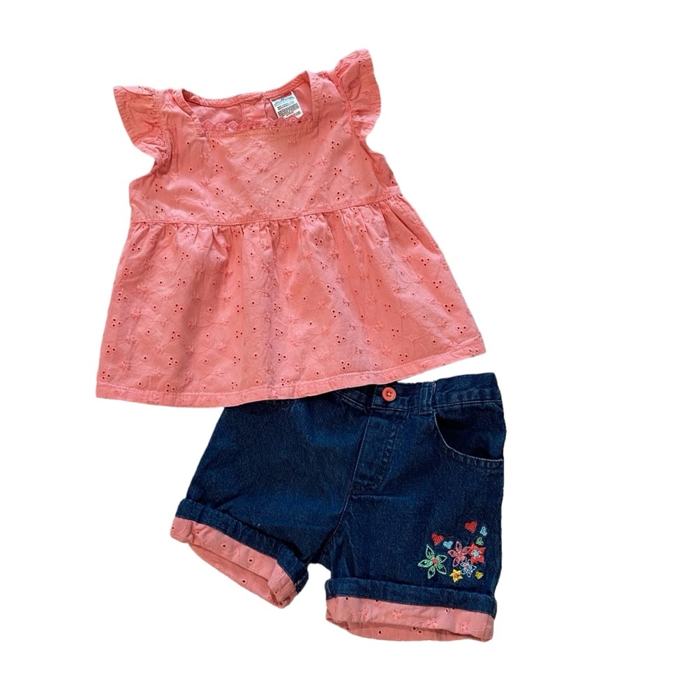 Girls|2T|Summer Top & Short Set|Peach Top & Denim shorts w/flowers